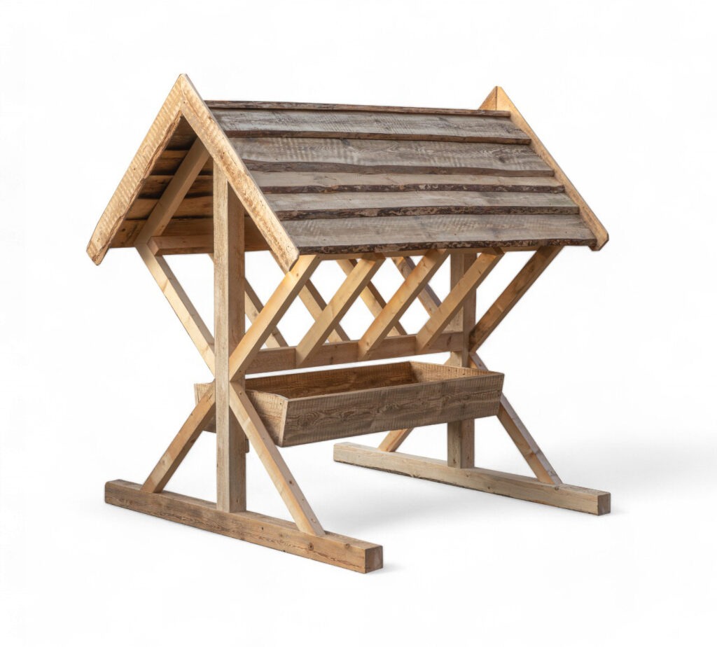 Loomade söögimaja, valmistatud taaskasutatud puidust.